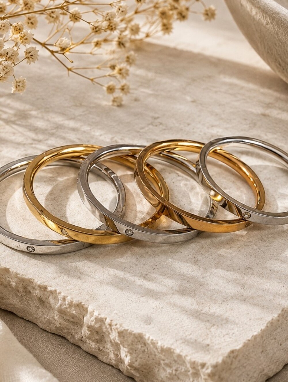 Gold Stacked Bangle Bracelet and Ring Set — Elegant Women Jewelry